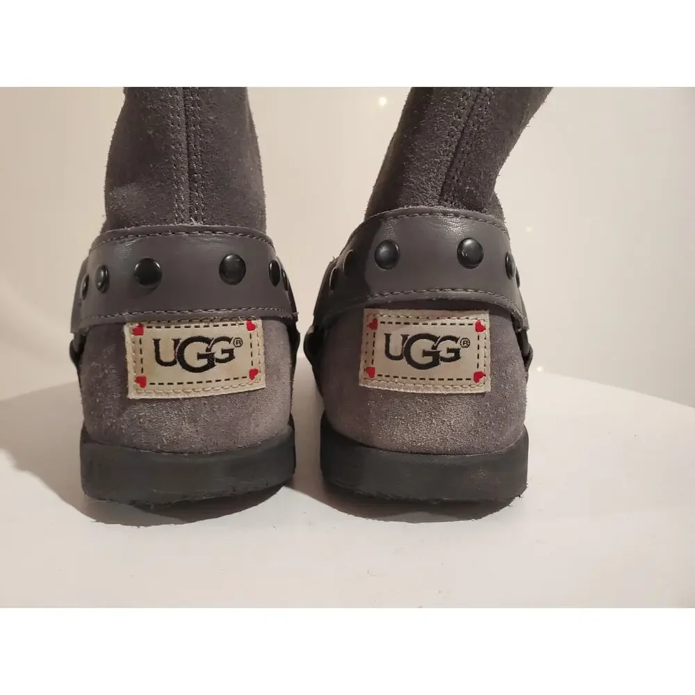 Ugg Heart Kids Suede Shearling Lined Mid Moto Boots Size 4 Gray Winter Leather